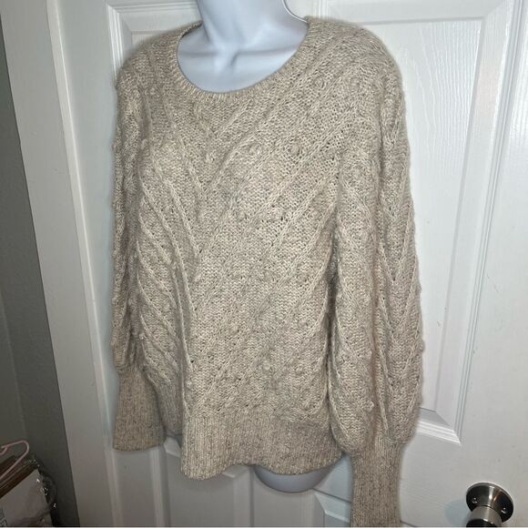 GAP Heather Oatmeal Cream Crew Neck Sweater Bobble Textured Knit Puff Sleeves M - Picture 8 of 13